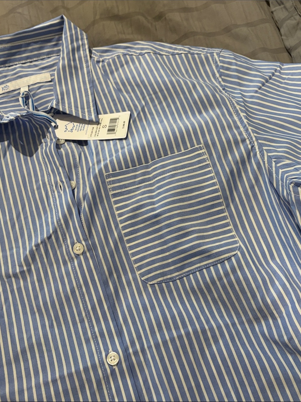 Southern Tide Blue and White Vertical Stripe Short-Sleeve Button-Down - Picture 4 of 7
